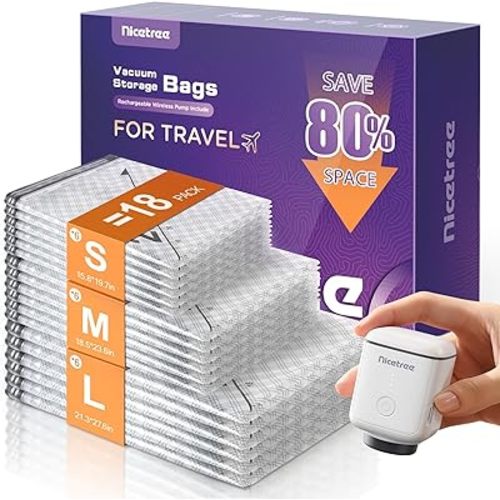 Nicetree 18-Pack Vacuum Seal Bags with Rechargeable Wireless Pump | 3 Sizes (20/24/28 Inch) Travel Vacuum Storage Bags for Clothing, Bedding & Seasonal Storage | Space Saver for Luggage