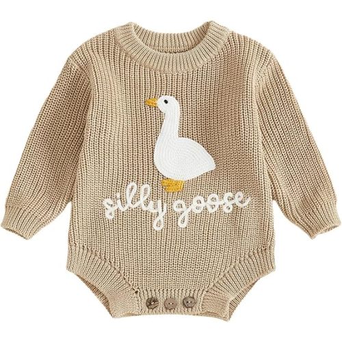 Newborn Baby Boy Girl Sweater Romper Silly Goose Embroidery Knit Onesie Knitted Bodysuit Warm Fall Winter Clothes
