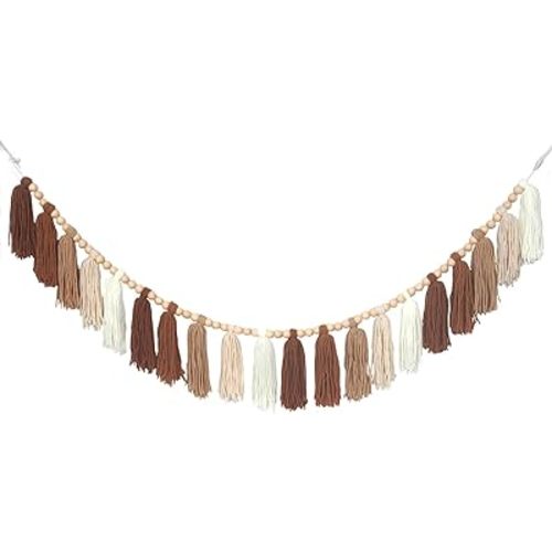 Brown Boho Yarn Wood Bead Tassel Garland Decor Terracotta Rainbow Western Banner Tassels Wall Hanging for Nursery Classroom Birthday Party Kids Bedroom Baby Shower Dorm Office Decorations