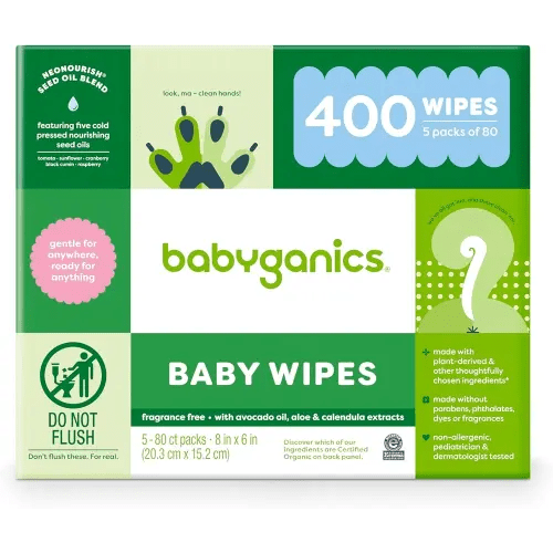 Babyganics Baby Wipes, Unscented Diaper Wipes, 400 Count, (5 Packs of 80), Non-Allergenic and formulated with Plant Derived Ingredients