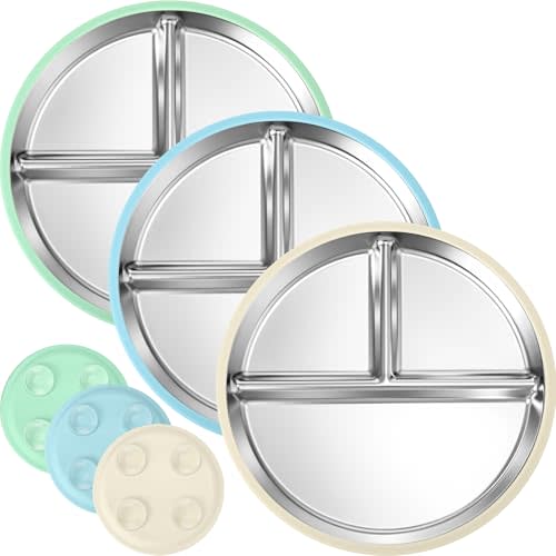BUSOHA 3 Pack Stainless Steel Kids Plate with Suction - 8.1” Divided Toddler Baby Plates with Silicone Sleeves Non-Slip 2-in-1 Anti Breakage Metal Toddler Bowls Microwave Dishwasher Safe