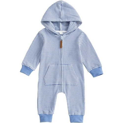 Newborn Infant Baby Boy Clothes Striped Waffle Knit Long Sleeve Zipper Hooded Romper Jumpsuit Cute Fall Winter Outfit