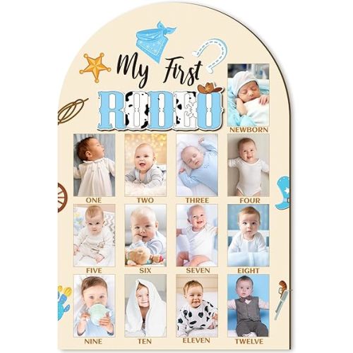 R HORSE 3D My First Rodeo Birthday Wood Photo Display Board, Blue Cowboy Baby's First Year Picture Frame, 1-12 Months Milestone Board Birthday Decorations Keepsake Gift for Baby Boys Nursery Decor
