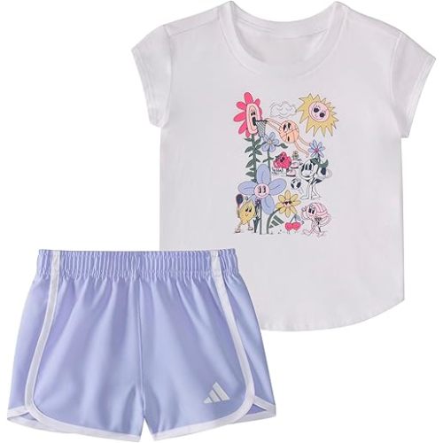adidas Baby Girls' Cap Sleeve Tee Shirt and Woven Short Set, White, 18M