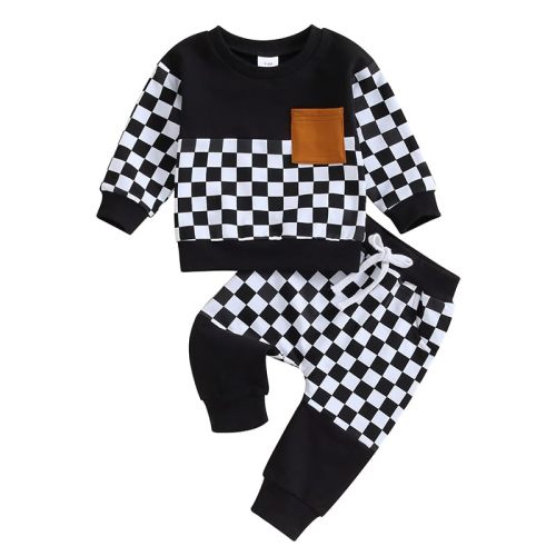 Toddler Baby Boy Fall Outfit Checkerboard Patchwork Long Sleeve Sweatshirts Elastic Waist Pants Cute Newborn Clothes Set