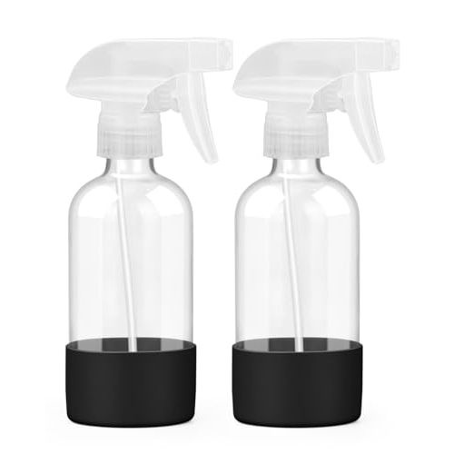 Glass Spray Bottles 8 oz, 2 Pack Spray Bottle for Hair with Silicone Sleeve | Adjustable Nozzle, Refillable Container, Leak Proof, Anti-Slip, Spray Bottles for Cleaning Solutions, Plants, Pets, Black