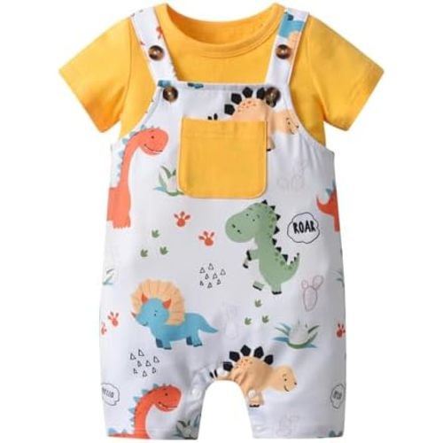 Infant Baby Boy Summer Clothes Short Sleeve Solid Color T-Shirt Cartoon Dinosaur Print Suspender Shorts Outfit Set