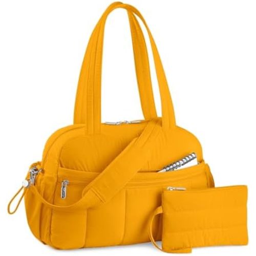 TOPDesign Travel Duffel Bag for Women, Puffer Gym Bag Sports Tote with Wet Pocket, Carry On Weekender with Luggage Sleeve (Golden Yellow)
