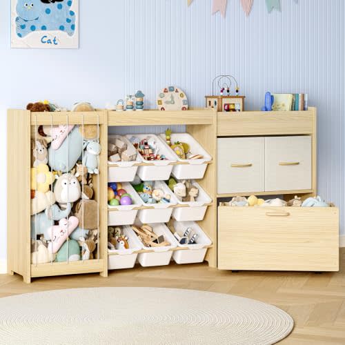EXPERLAM 5-in-1 Toy Storage Organizer, Plush Holder, 9 Bins, Toy Chest | Solid pine kid-height storage with plush holder for stuffed animals, toy sorting, bedrooms, living rooms and playrooms