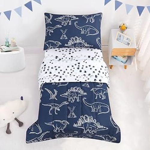4 Pieces Dinosaur Toddler Bedding Set for Boys, Soft Breathable Toddler Comforter Set, Dino Print Navy, Includes Reversible Comforter, White Fitted Sheet and Flat Sheet, Pillowcase