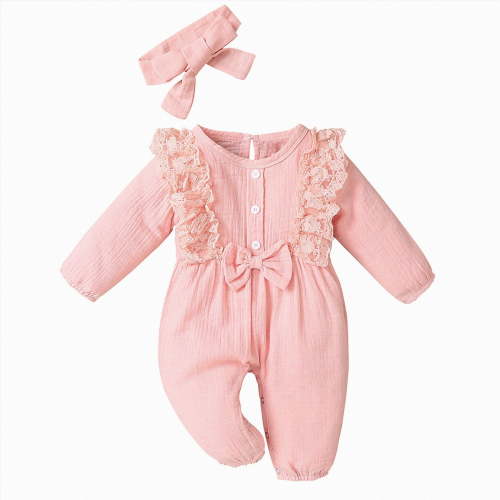 WUANDIXFA Newborn Baby Girl Long Sleeve Bubble Romper Outfit 6 9 12 18 24 Months Infant Fall Winter Clothes with Headband,Pink,6-12 Months