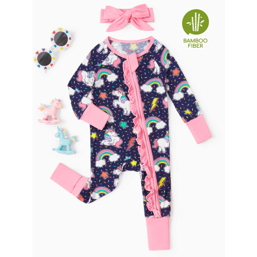 PatPat Baby Girl Pajamas Bamboo Viscose Footed & Footless 2-Way Zipper Footies Sleep N Play Pajamas with Headband Unicorn Gift for Baby Girls Newborn 0-3 Months