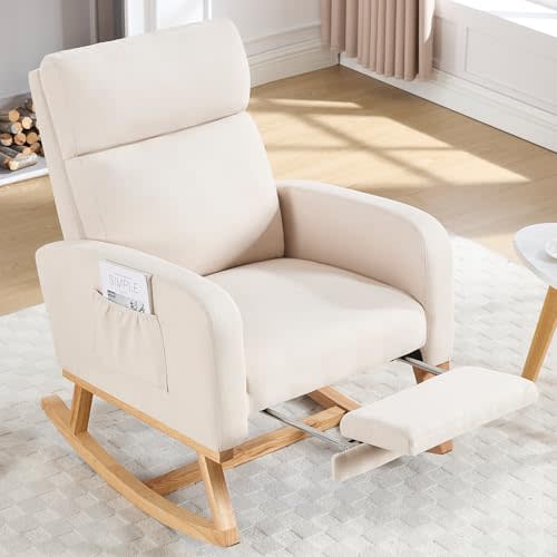 HCHAIRH Rocking Chair Nursery, Nursing Rocking Chairs with Foot Rest for Mom Nursery, Rocker Glider Chair with Footrest and High Backrest for Living Room, Bedroom, Beige