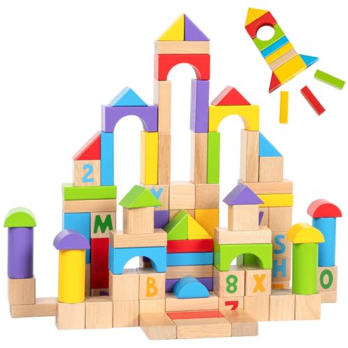 MOMOARI Alphabet Number Wooden Building Blocks Set -100 Blocks in 5 Water Paint Colors and 7 Shapes. Preschool Montessori Kids Baby Toys. Stacking Learning Toys for Toddlers. Age 18 Months +