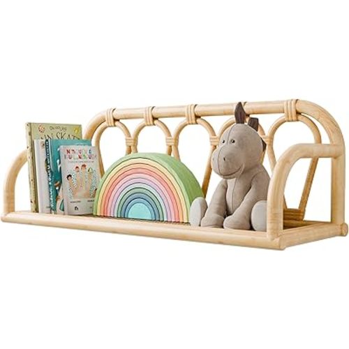 Rattan Wall Shelf - Natural Boho Wicker Shelf, Decorative Shelves for Nursery Decor,Picture Ledge Shelves, Wall Mail Organizer,Floating Rattan Bookshelf for Office, Bedroom,Bathroom,Kids Room