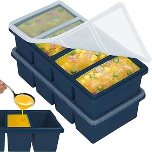 1 cup Silicone Freezer Trays with Lids, Soup Container Style Ice Cube Trays, Easily prepare portioned meals, Great for storing soups, leftovers, sauces and other dishes, Dishwasher, Oven Safe – 2 Pack