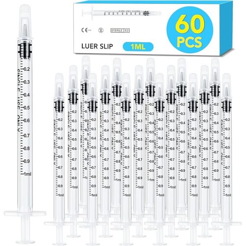 60 PCS 1ml Syringe with Cap for Liquid,Oral Syringes without Needle for Medicine Dropper, Colostrum Collect, Feeding Pets, Liquid Measuring, Individually Sealed, Luer Slip