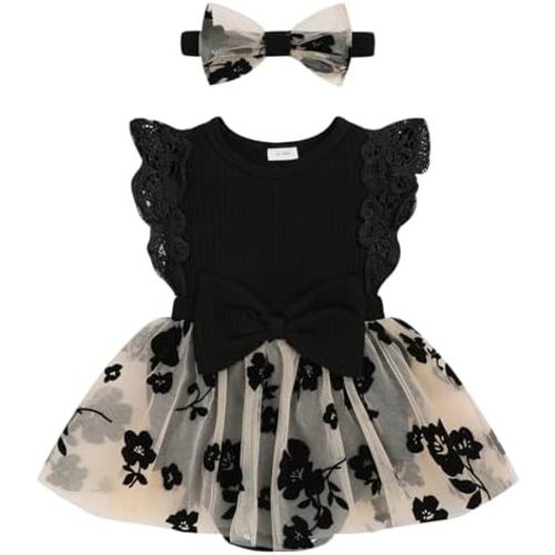 Viworld Baby Girl Romper Dress, Tulle Skirt Bodysuit Ruffle Sleeveless Summer Outfit with Headband for Infants 0-12M