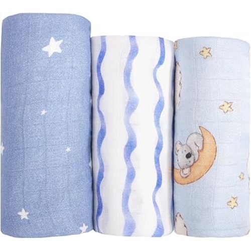 hahaland Muslin Swaddle Blankets Bamboo - 3-Pack, 1 Large (47" x 47") & 2 Standard (38" x 40") - Breathable Silky Soft Receiving Blankets Swaddles for Newborns Baby Boy Gifts Newborn Essentials, Blue