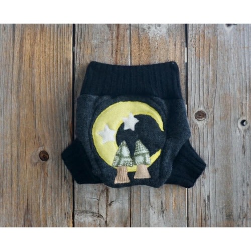 Upcycled Cashmere Diaper Cover: Black Gray With Moon Applique, Size NEWBORN ( 0-3 Months)