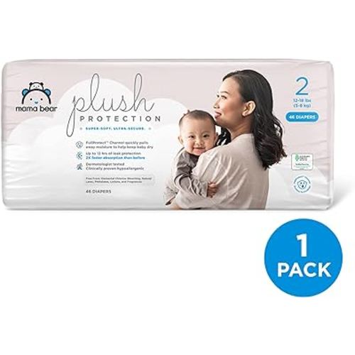 Amazon Brand - Mama Bear Plush Protection Diapers - Size 2, 46 Count, Hypoallergenic Premium Disposable Baby Diapers, White and Cloud Dreams