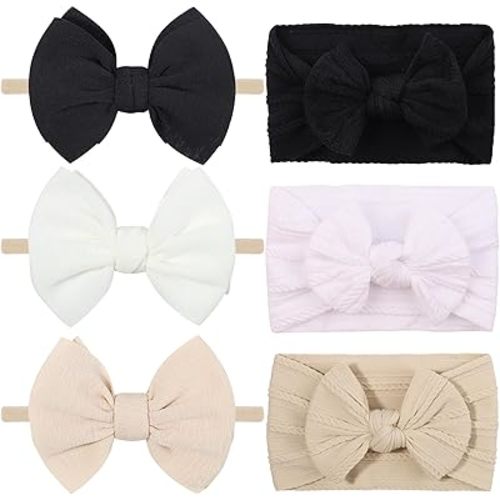 6Pcs Nylon Headbands Hair Bows for Baby Girls Handmade Hair Band With Bows Hair Accessories for Newborn Baby Infant Toddler Kids (6pcs black white beige, mid)