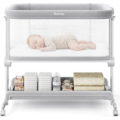 Ezebaby Baby Bassinets Bedside Sleeper, Portable Bedside Bassinet for Baby Newborn Infants with Adjustable 7 Heights and All Mesh Sides, Newborn Crib with Mattress and Soft, Breathable Sheet