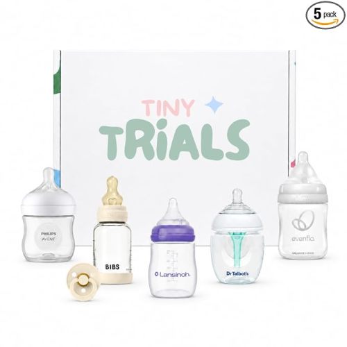 Baby Bottle Trial Pack Variety Box for Newborns – 5 Bottles & 1 Pacifier Featuring BIBS, Lansinoh, Philips Avent, Dr. Talbot's & Evenflo – Anti-Colic, Breastfeeding-Friendly Registry Gift, Tiny Trials