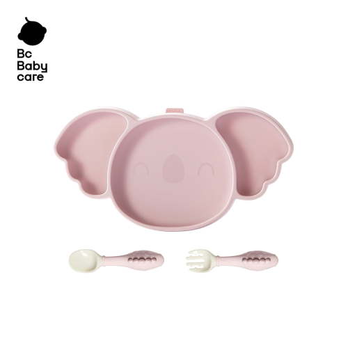 Bc Babycare Baby 3-in-1 Silicone Suction Plate Set,Include Spoon, Fork and Straw,Divided Design for Picky Eaters, Microwave & Dishwasher Safe, Pink Koala