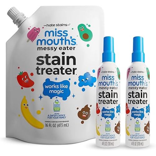 Miss Mouth’s Messy Eater Stain Treater Refill Ready Kit - 2 Pack Stain Remover Spray and 16oz Refill Pouch - Newborn & Baby Essentials - Food, Grease, Coffee Off Laundry, Underwear, Fabric