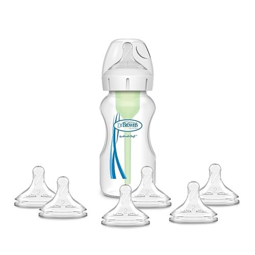 Dr. Brown's Options+ Wide-Neck Anti-Colic Baby Bottle - 9oz - 4pk and Options+ Wide-Neck Baby Bottle Nipple, Level 2 (3 Months+), 6 Count