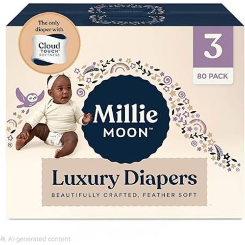 Millie Moon Luxury Diapers – Ultra Soft Cloud Touch Disposable Diapers with 12 Hour Absorbency & Wetness Indicator (3-80ct)