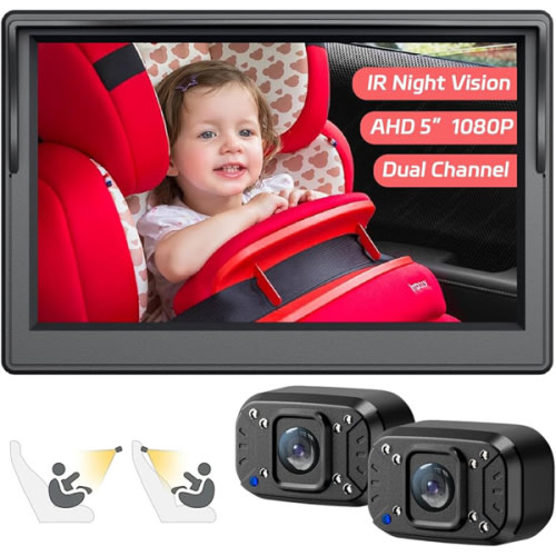 Itomoro Baby Car Camera, Dual Channel 5 inch Display with 2 IR Night Vision Camera, Easily Install Baby Car Mirror 1080P Clear Car Baby Camera for Rear Facing Seat Backseat ACZ403