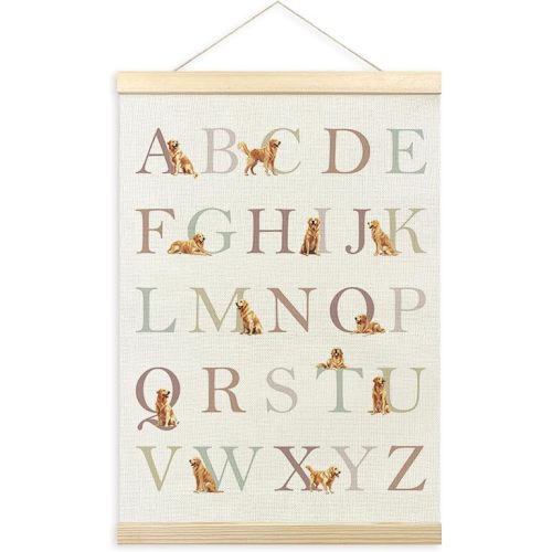 TLESKE Golden Retriever Alphabet ABC Chart Poster Hanger Frame, Homeschool Preschool Hanging Wall Art Decor for Golden Retriever Lover Kid Room Nursery Playroom, Dog ABC Picture 12x16
