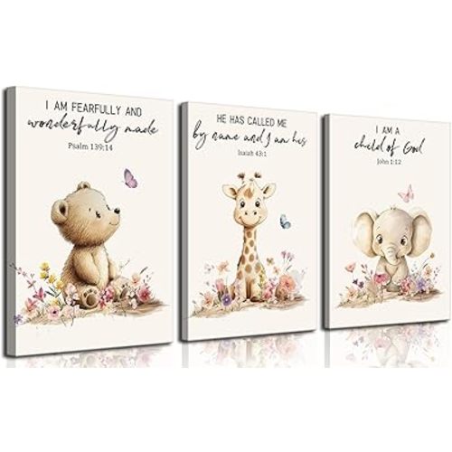3Pcs Nursery Animal Bible Verse Canvas Wall Art Cute Bear Elephant Giraffe Wall Decor Pictures Christian Baby Nursery Posters Prints for Kids Boys Girls Room Home Decoration 16x24in
