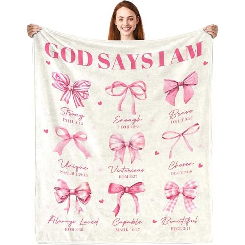 Christian Gifts for Women, God Says I Am Throw Blanket 50"X60", Inspirational Religious Birthday Gifts for Coquette Pink Bow Bible Verse Blanket, Christian Faith Jesus God Prayer Gift for Christmas