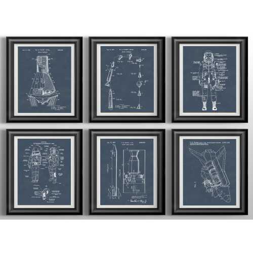 NASA Space Prints Moon Landing and Rocket Wall Decor Space Themed Nursery Art Teen Boy Spaceships Gift Set of 6