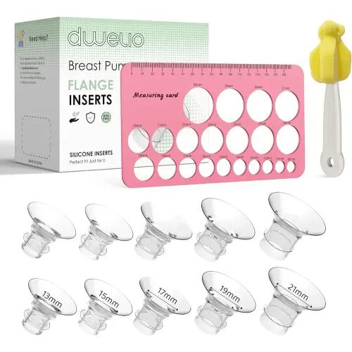 Flange Sizing Kit with 10PCS Silicone Flange Inserts 13/15/17/19/21mm & Nipple Measurement Tool & Cleaning Brush, Flange Insert Kit for 24mm Flange/Shield, Breastfeeding Essentials