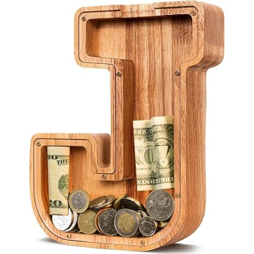 ELX Wooden Piggy Bank for Kids Boys, Personalized Letter Money Bank, Safe & Durable Savings Box for Toddlers Girls, Gifts for Birthday Holiday Christmas