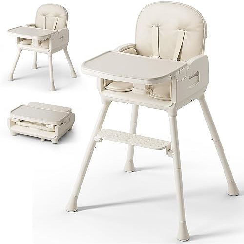 3-in-1 Portable Baby High Chair for Babies and Toddlers, Convertible Easy Clean Infant Foldable Highchair with Adjustable Legs & Dishwasher Safe Tray, Beige