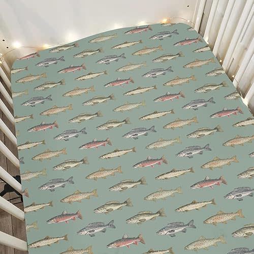 Green Lake Fishing Baby Crib Sheets for Boy Girl 52"x28" Freshwater Fishes Soft Snug Fitted Crib Mattress Covers Hunting Camping Nursery Baby Sheet for Crib & Toddler Bed Mattress Fishing Lover Gift