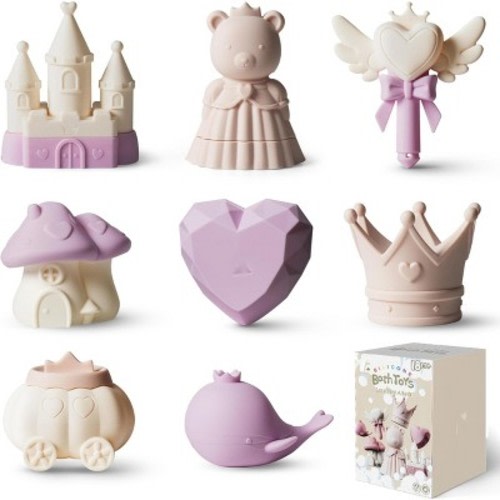 Etokfoks 8pcs Princess Silicone Bath Toys Set for Toddlers Babies Soft Squeezable Easy-Grip Water Pool Tub Toy Purple