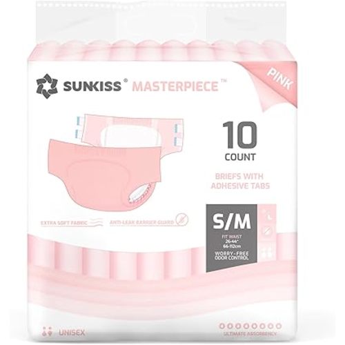 SUNKISS Masterpiece Adult Diapers with Tabs, Unisex Disposable Incontinence Briefs for Women and Men, Odor Control, Pink, Small/Medium, Previously Medium,10 Count