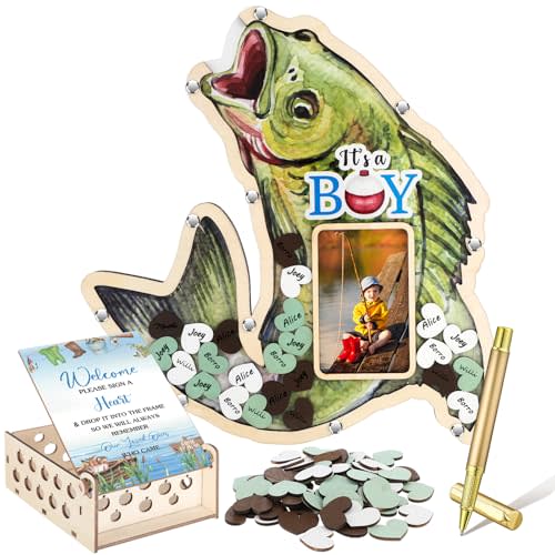 Wenqik 63 Pcs Fishing a Little Fisherman is on the Way Baby Shower Guest Book Alternatives Set Baby Shower Decorations with Photo Frame Sonogram Frame Keepsake 60 Wood Slices Guest Book for Birthday