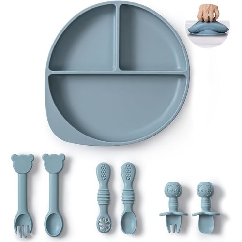 7-Piece Silicone Baby Feeding Set - Divided Suction Plate with 3 Sets of Spoons and Forks, BPA-Free Toddler Plates for Baby-Led Weaning & Self Feeding, Dishwasher & Microwave Safe