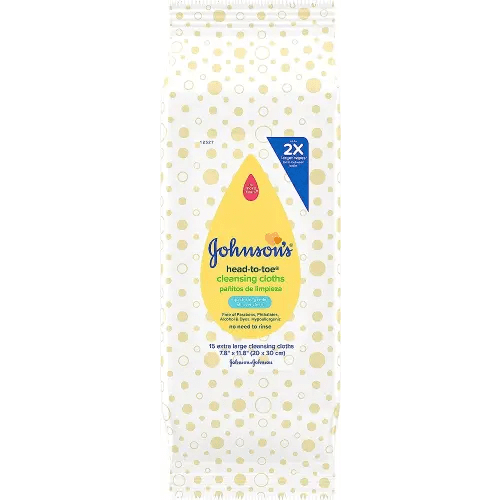 Johnson's Head-to-Toe Gentle Baby Cleansing Cloths, Hypoallergenic and Pre-Moistened Baby Bath Wipes, Free of Parabens, Phthalates, Alcohol, Dyes and Soap, 15 ct