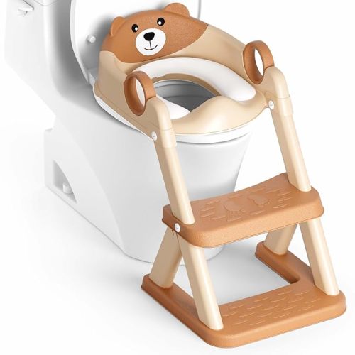 Potty Training Seat, Upgrade Toddler Toilet Seat for Kids Boys Girls, 2 in 1 Potty Training Toilet, Splash Guard Anti-Slip Pad Step Stool(Brown)