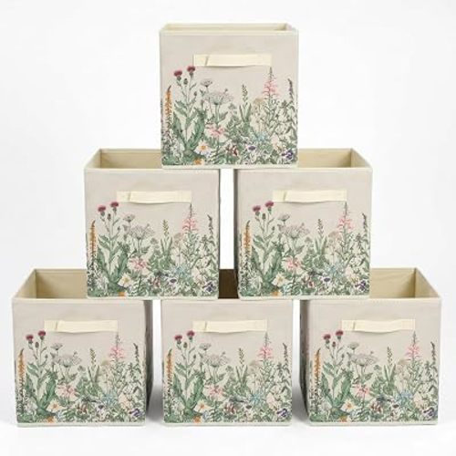6 Pcs Wild Floral Cube Storage Bins 12.5 Inch Flower Storage Basket with Handle, Beige Collapsible Fabric Box for Classroom Bedrooms Office Home Decoration