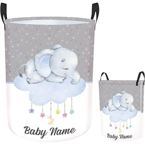 Custom Name Elephant Laundry Baskets for Baby Boys Girls Adults, Personalized Nursery Laundry Basket for Kids, Waterproof Storage Organizer, Customize Kids Hampers for Laundry