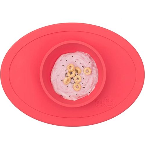 ezpz Tiny Bowl - 100% Silicone Suction Bowl with Built-in Placemat for First Foods + Baby Led Weaning - Fits on All Highchair Trays - 4 Months+ (Coral)